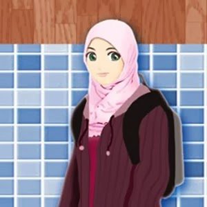 gambar kartun muslimah memakai jaket dan tas
