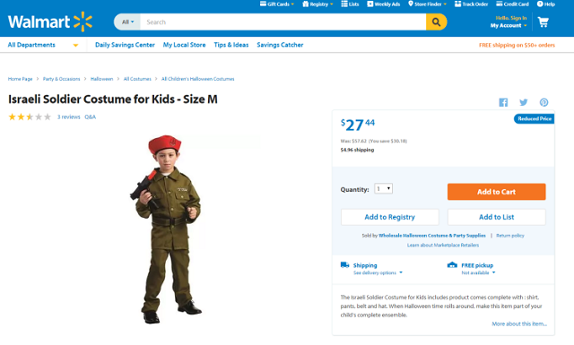 Walmart Jual Kostum Tentara Israel heboh produk Walmart Jual Kostum Tentara Israel